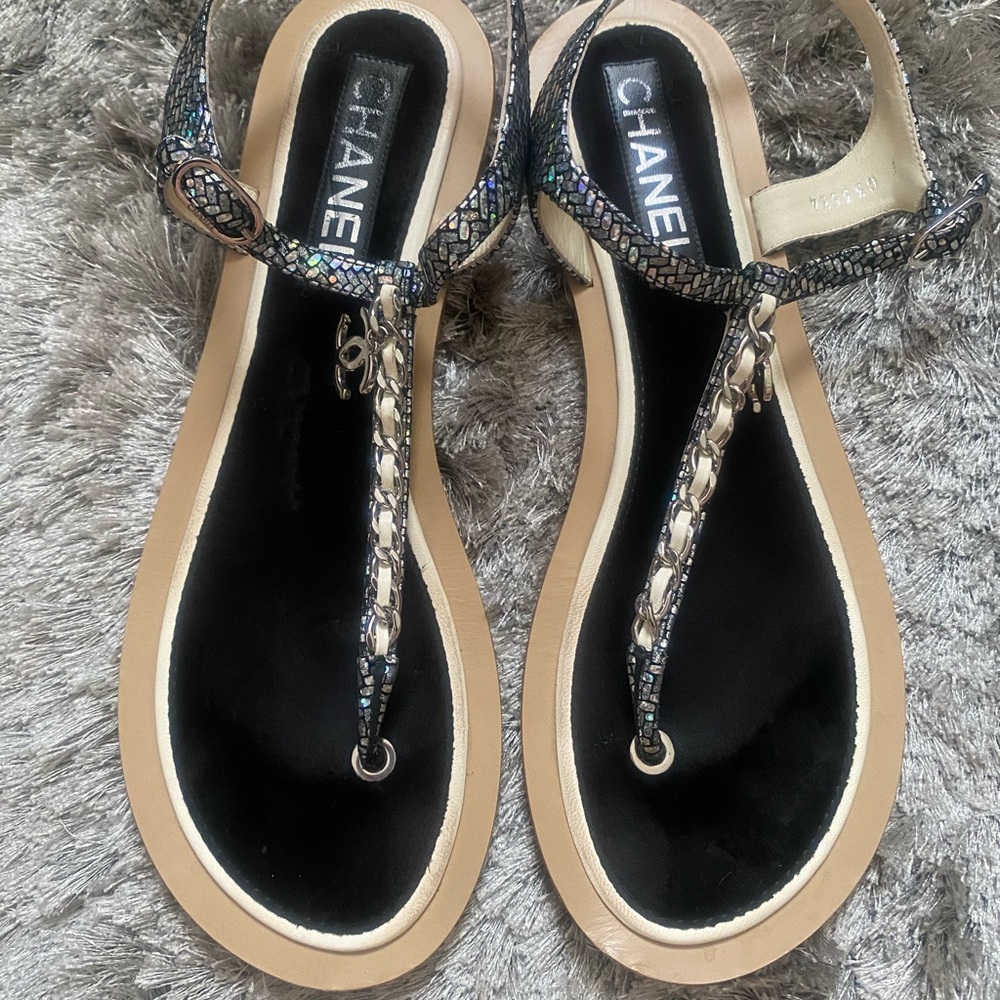 CHANEL Holographic Black White Logo Sandals